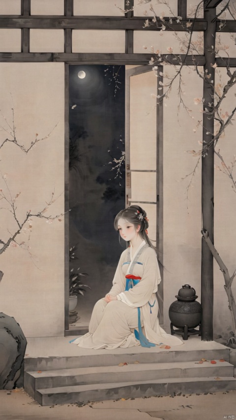 1 chinese girl sitting at steps of door, looking at moon in the sky, black eyes,wearing hanfu,gloom (expression) ,from below,detailed face,chinese ancient house background,petals and leaves on ground,cool tone,night, ethereal atmosphere, evocative hues, captivating coloration, dramatic lighting, enchanting aura, masterpiece, best quality, epic cinematic, soft nature lights, rim light, amazing, hyper detailed, ultra realistic, soft colors, photorealistic, Ray tracing, Cinematic Light, light source contrast, traditional chinese ink painting,black and white ink painting,willow branches