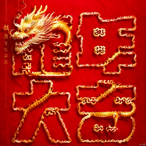 a chinese dragon,((a cute lovely golden chinese dragon)),golden text,laughing,simple red background,morning,smile,Glowing ambiance, enchanting radiance, luminous lighting, ethereal atmosphere, evocative hues, captivating coloration, dramatic lighting, enchanting aura, masterpiece ,best quality, epic cinematic, soft nature lights, rim light, amazing, hyper detailed, ultra realistic, soft colors, in the dark, deep shadow, night, light, photorealistic, Ray tracing, Cinematic Light, light source contrast, , Dragon pattern