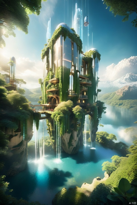 an island suspended in the air, covered in forest and sci-fi style building and lake , with vines and waterfalls descending from the island to the sky below, overlooking,from above,morning,spring, Glowing ambiance, enchanting radiance, luminous lighting, ethereal atmosphere, evocative hues, captivating coloration, dramatic lighting, enchanting aura, masterpiece, best quality, epic cinematic, soft nature lights, rim light, amazing, hyper detailed, ultra realistic, soft colors, photorealistic, Ray tracing, Cinematic Light, light source contrast, , xs-4d-space