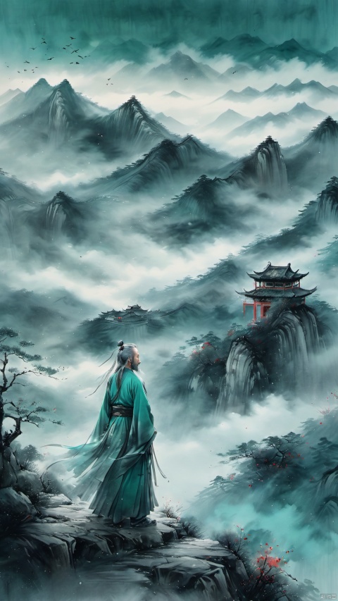  chinese waterink,monochrome,a chinese male with long gray facial hair,floating gray hair,standing on mountaintop,stargazing ,from side,wearing cyan floating hanfu,far away,chinese classical house and green and  red mountain  and sky background,hyperrealism,ultra high res,4K,Best quality,masterpiece,ananmo