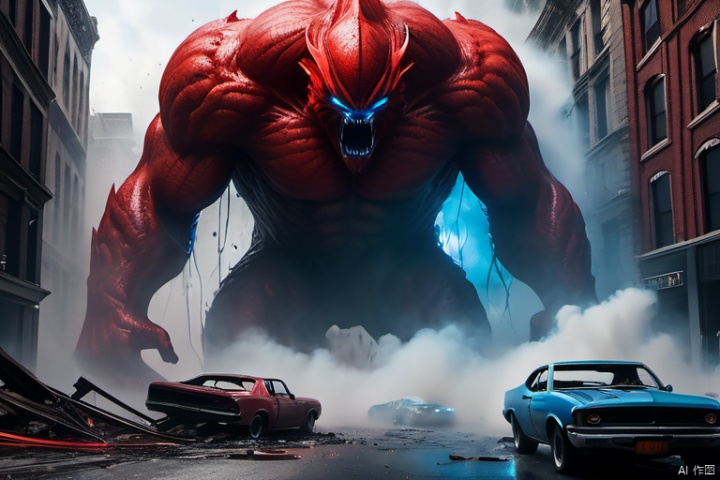 A surreal urban chaos unfolds as a colossal red monster emerges from a mysterious black vortex hovering above the bustling streets. The hole's edge crackles with blue arcs and wisps of white mist, casting an eerie glow on the panicked crowd. A nearby individual's terrified expression contrasts sharply with the destruction: cars crash, burn, and scatter amidst the mayhem. The scene is bathed in vivid movie light effects, with stark contrasts between the intense colors and the city's smoldering ruins.