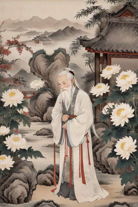 an old Chinese male with long beard and white hair,wrinkles on the face,standing on yard around many chrysanthemums and bamboo , wearing  hanfu,upper body,bend over, touching chrysanthemums ,from side,chinese classical house and mountain background,outdoor,chinese waterink,monochrome,hyperrealism,ultra high res,4K,Best quality,masterpiece,  traditional chinese ink painting