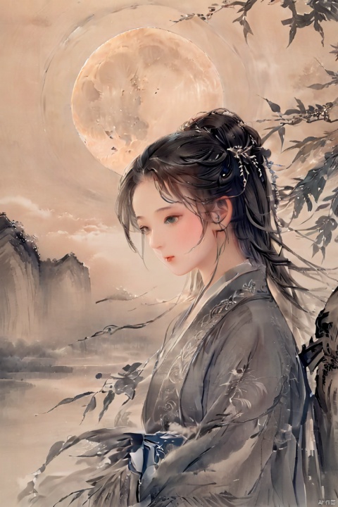  chinese waterink,monochrome,close-up of 1girl supporting the willow tree,evening,moon and cloud in sky,detailed face,upper_body,wearing hanfu,floating hair,,chinese classical house background,outdoor,hyperrealism,ultra high res,4K,Best quality,masterpiece, , ananmo, 3dIcon