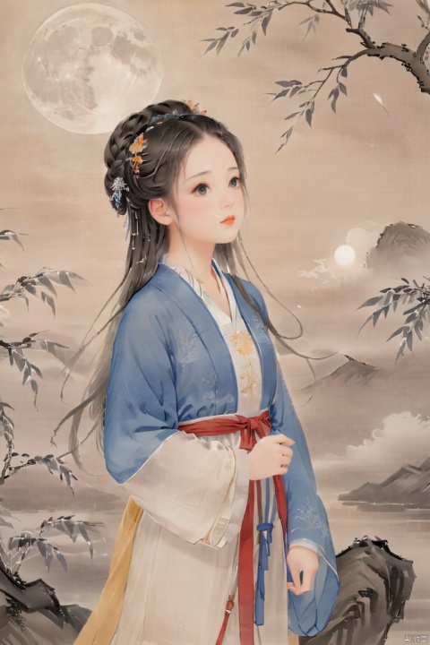  chinese waterink,monochrome,close-up of 1girl supporting the willow tree,(willow tree),evening,moon and cloud in sky,detailed face,upper_body,wearing hanfu,floating hair,,chinese classical house background,outdoor,hyperrealism,ultra high res,4K,Best quality,masterpiece,  3dIcon