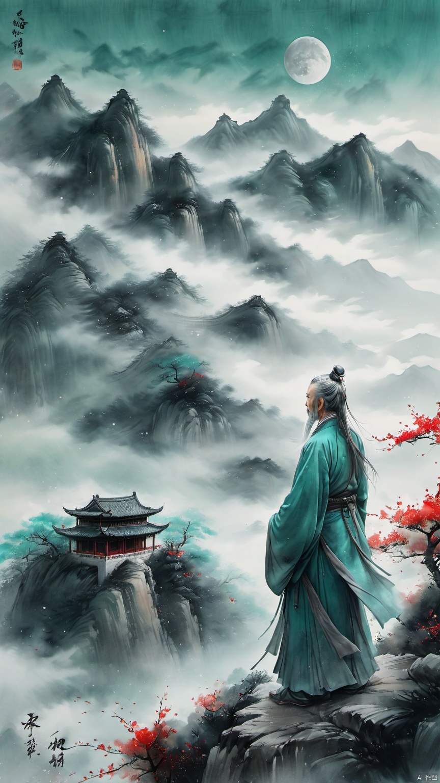  chinese waterink,monochrome,a chinese male with long gray facial hair,floating gray hair,standing on mountaintop,stargazing ,from side,wearing cyan floating hanfu,far away,chinese classical house and green and  red mountain  and sky background,hyperrealism,ultra high res,4K,Best quality,masterpiece,ananmo