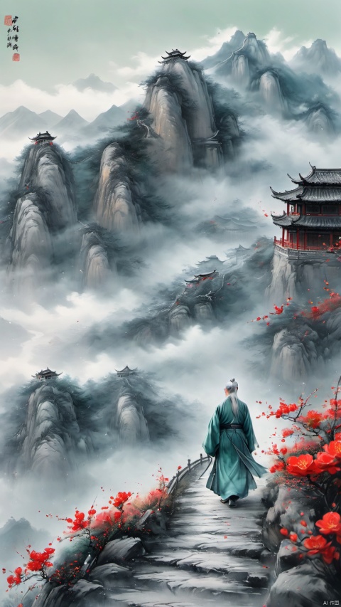  chinese waterink,monochrome,a chinese old male with long gray facial hair,floating gray hair, walking on mountain,looking up the sky,smile,from back,wearing cyan floating hanfu,chinese classical house and green mountain and red flowers and sky background,hyperrealism,ultra high res,4K,Best quality,masterpiece,ananmo