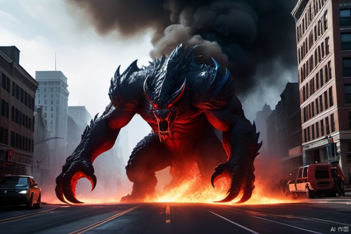 A chaotic scene unfolds as a gargantuan red monster emerges from the mysterious black void hovering above the city streets. The hole's edge crackles with blue energy and shrouds in white mist, as panic-stricken pedestrians scatter in all directions. Cars collide and burn on the ground below, while the beast's claw reaches out, its fiery gaze piercing through the smoke. Movie lights cast a dramatic glow, amplifying the contrast between the apocalyptic landscape and the monstrous apparition.