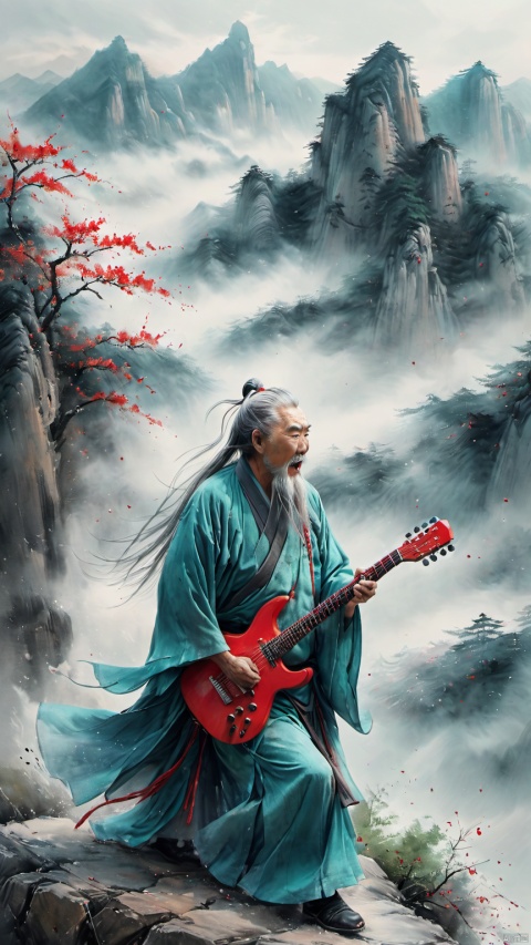 chinese waterink,monochrome,a strong chinese old male with long gray facial hair,playing red ((electric)) guitar,crazy shouting,detailed face,standing on rock stage,wearing cyan hanfu,floating gray hair,bent over,from side,far away,chinese classical house and green and red mountain and sky  background,hyperrealism,ultra high res,4K,Best quality,masterpiece,ananmo