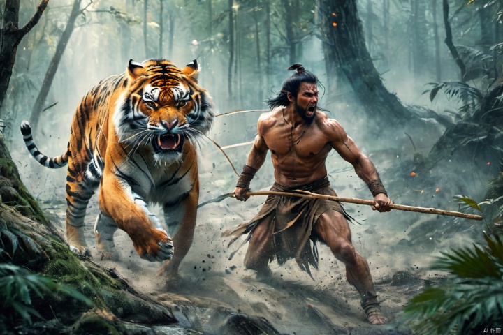 a primitive man wielding a wood stick, attacking a huge tiger,detailed face, angry expression, roaring, in the primitive forest, bright scenes, epic science fiction movie style, real photos, ultra clear, movie lighting effects