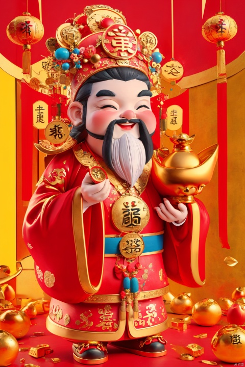  masterpiece,best quality,caishen,1man,facial hair,beard,solo,chinese clothes,long sleeves,wearing red caishen_headwear,wide sleeves,smile,gold,cloud, facai, xinnian, caishen, dafengcaishen