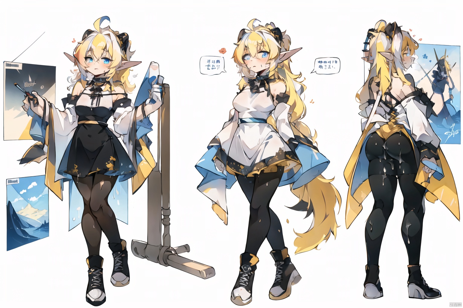  (1girl:1.3),(solo:1.3),((best quality)),((masterpiece)),((ultra-detailed)),(illustration),(detailed light),(an extremely delicate and beautiful),((trim)),incredibly_absurdres,((Poster design, English text)),Wallpaper,ultra-detailed,best quality,extremequality,Masterpiece,beautiful,pretty,fantastic scenery,sketch style,watercolor,colorful,((multicolored hair, messy hair, bangs, ahoge, sidelocks, payot, hair strand)),(pointy ears, elf),((pantyhose, black pantyhose, dress)),(slit pupils, glowing eyes, light blue eyes),((Exhale, long hair, Light yellow hair))

Ponytail, black bow hair, black collar, silver trim, nuns, cross stars, yellow trim, boots, untied shoelaces, baggy clothes,
lazy, confused, confused, confused, disheveled, showing shoulders, showing thighs, disheveled hair,
the monastery, the ornate decor,
, SpiderApple, shota,clothesviews, Different clothes, Dress-up display, multiple views, looking_at_viewer,full body, back ,white background, simple background,