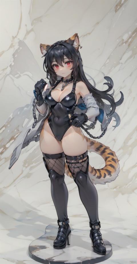  (best quality:1.5),(masterpiece:1.5),intricate detail,great textures,ultra high res,photorealistic,realistic,killer,PVC figure,1girl,animal ears,thighhighs,solo,breasts,tail,gloves,large breasts,long hair,elbow gloves,chain,full body,fishnets,leotard,fishnet thighhighs,looking at viewer,black hair,black gloves,collar,red eyes,standing,cleavage,highheels,,pvc figure, furry, shota