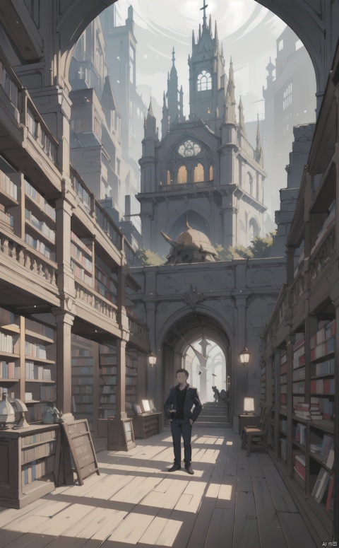 arafed image of a man standing in a library with books, endless books, borne space library artwork, books cave, fantasy book illustration, spiral shelves full of books, infinite celestial library, an eternal library, gothic epic library concept, magic library, japanese sci - fi books art, beeple and jean giraud, books all over the place