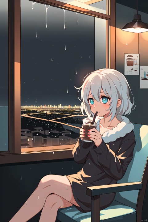  A girl sat alone by the window, with a drizzle outside the window, holding half a cup of cold coffee in her hand. Her eyes were deep and melancholy, and the background was a vague night city.