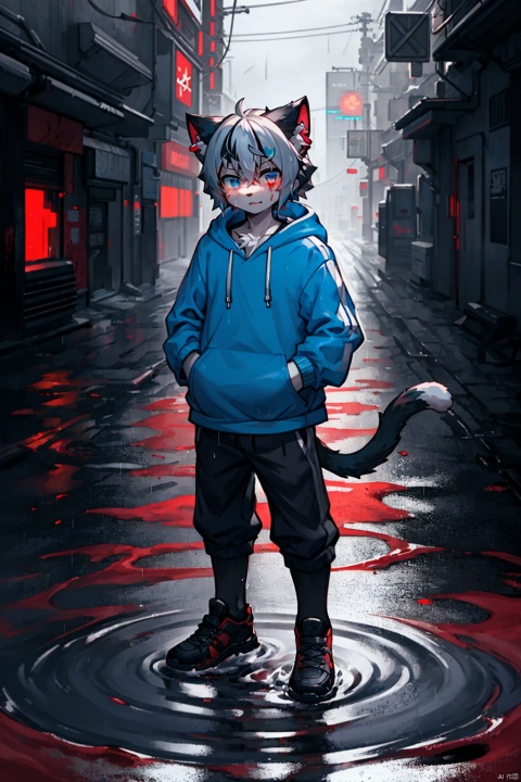 character name,1boy,solo,
Shadow face, blackened face,cyberpunk theme,e style thriller,
(Blue Hoodie:1.2),(whiter hair:1.5),(cat's ear:1.2),expressionless,
(masterpiece:1.1), (best quality:1.2), highres, original, extremely detailed wallpaper, official art, shota,rain,water,blood like river, heibai, red background, furry, killer