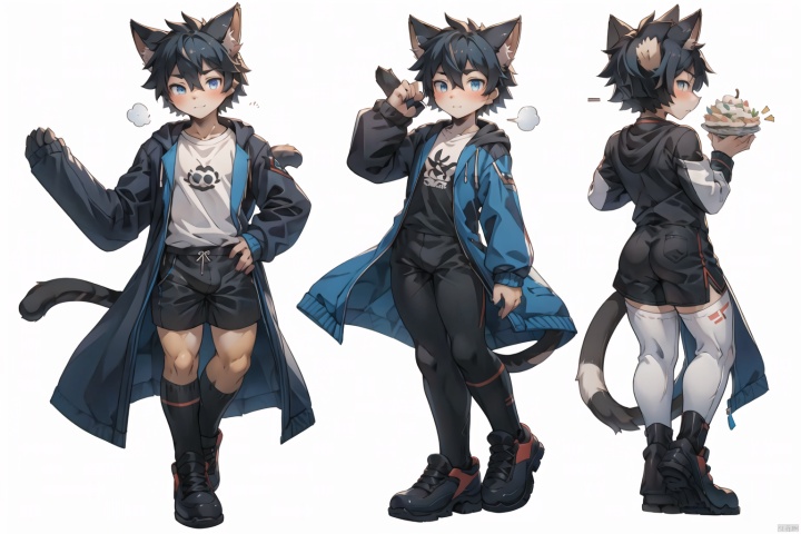  in this day and age,few things have aroused more cute than cat boy. to my way of thinking,it offers much food for flection. the catboy can be interpreted that the boy have muscle and Youth anvitality.T-shirt, shorts, coat, Male focus, white leggings, 1male, shota,clothesviews, Different clothes, Dress-up display, multiple views, looking_at_viewer,full body, back ,white background, simple background, furry