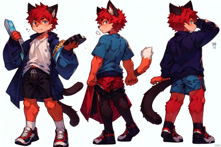  in this day and age,few things have aroused more cute than cat boy. to my way of thinking,it offers much food for flection. the catboy can be interpreted that the boy have muscle and Youth anvitality.T-shirt, shorts, coat, Male focus, white leggings, 1male, shota,clothesviews, Different clothes, Dress-up display, multiple views, looking_at_viewer,full body, back ,white background, simple background, furry