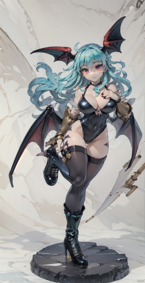  (best quality:1.5),(masterpiece:1.5),intricate detail,great textures,(ultra high res),excellent face detail,photorealistic,realistic,killer,PVC figure,1girl,morrigan aensland,print pantyhose,solo,wings,bat print,head wings,pantyhose,animal print,long hair,breasts,boots,demon girl,leotard,bat wings,large breasts,cleavage,bare shoulders,green hair,bridal gauntlets,fingernails,faux figurine,high heels,long fingernails,full body,gloves,aquahair,,pvc figure, furry, shota