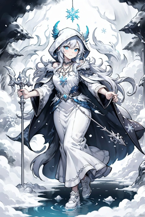  Jani is a witch who lives in a snowy region of Elden Ring. She has long silver hair and blue eyes that glow with magic. She wears a white dress with fur trim and a hooded cloak that covers her shoulders. She also wears a silver necklace with a pendant shaped like a snowflake. She carries a staff that can summon wolves and cast ice spells., greendesign, Ink painting