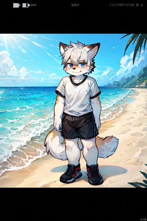 adult solo,kemono fox, short white hair, shorts, shirt, smirk,beach clothes, extreme detail, masterpiece, hi res, high detail, detailed eyes, detailed hands, full body picture, beach backgroundr, solo, sparkle, shota