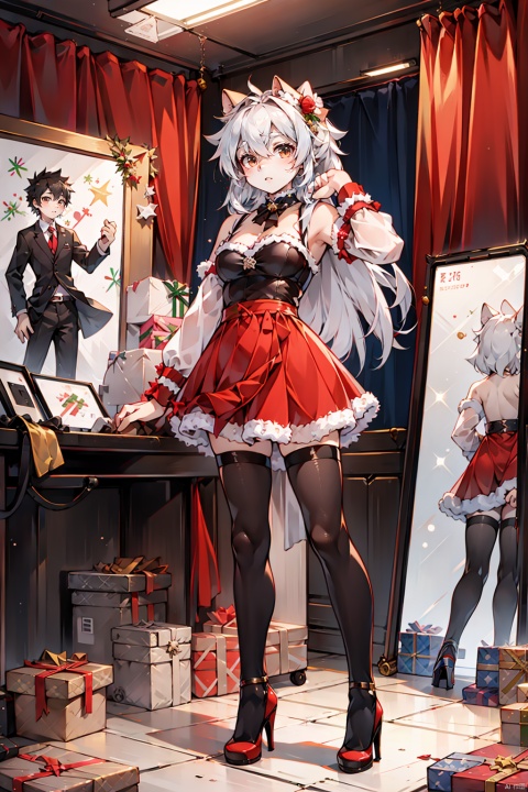  Masterpiece-level best_quality, concept artwork, a lonely solo girl, ,fashion,(mini skirt:1),Super long legs,, standing, realistic, Professional studio,highheels,trend,pantyhose, christmas, sssr, shota