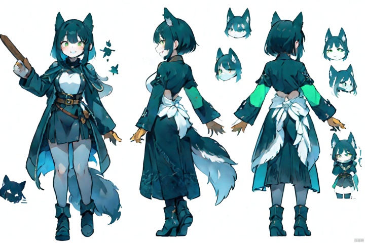  1girl, furry, rogue, full body,(wolf girl,green eye,black hair), leather armor, black fur at all, wolf face, FurryCore,1tail,grinning, sharp fangs,human hands,Gynomorph, f4nt4nsy style, eastern dragon，clothesviews, Different clothes, Dress-up display, multiple views, looking_at_viewer,full body, back ,white background, simple background, 