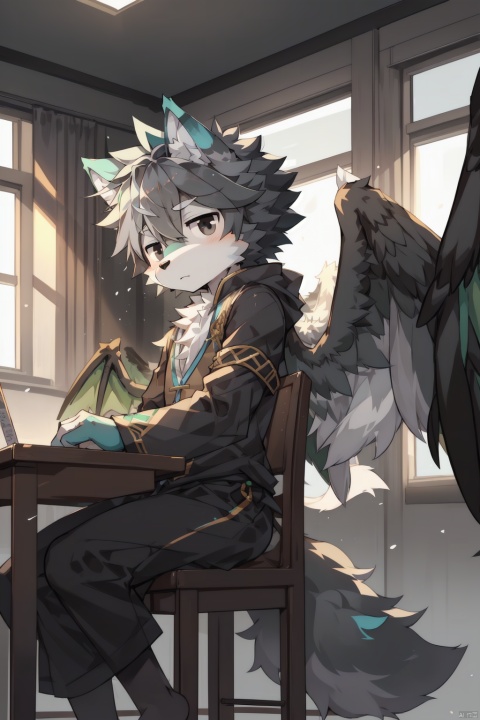  Furry,Cute wolf,young ,child,shota ,gray and black fur,black eyes,sit on the chair,alone,in the classroom., (\shen ming shao nv\),wings