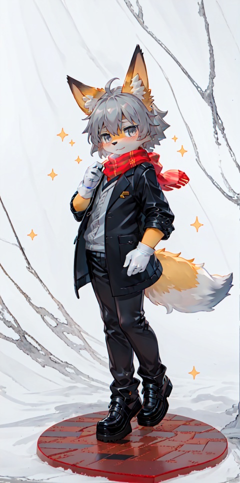  1girl, solo, looking at viewer, blush, short hair, simple background, gloves, white background, animal ears, jacket, tail, full body, grey hair, black gloves, scarf, coat, grey eyes, fox ears, sparkle, fox tail, white footwear, shota, furry, killer