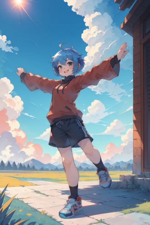  (\po lang\), solo, sky, cloud, blue sky, 1girl, day, short hair, outdoors, shoes, shorts, colorful, wide shot, scenery, long sleeves, outstretched arms, open mouth, arm up