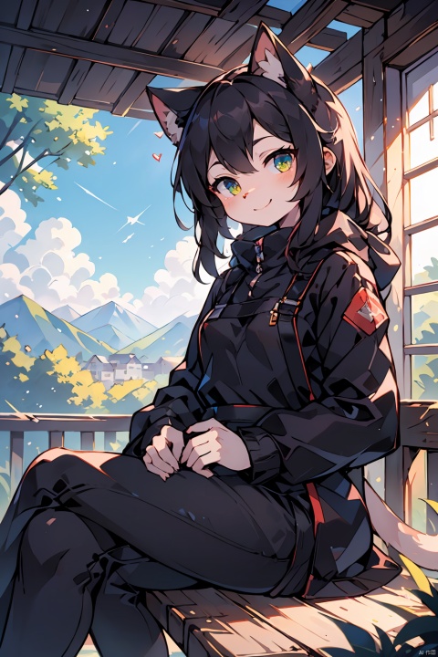  The image features a beautiful young Asian woman with long, dark hair sitting on a balcony with a cat in the background. The woman is looking into the camera with a smile on her face, her eyes sparkling with joy and contentment. Her hair is neatly styled and her makeup is natural yet enhance her features. She wears a black coat that complements her skin tone. The lighting in the image is natural and warm, casting a soft glow on the woman and the surrounding environment. The colors in the image are vibrant and rich, with the blue sky and green trees in the background providing a beautiful contrast to the woman and the cat. The style of the image is casual yet elegant, with the woman's outfit and the setting creating a relaxed and comfortable atmosphere. The quality of the image is excellent, with sharp details and smooth transitions between colors and tones. The woman's action in the image is sitting and smiling, with her hands resting on the railing. Her posture and facial expression convey a sense of happiness and contentment, as if she is enjoying a peaceful and pleasant moment. The woman's expression and the overall atmosphere of the image suggest a sense of relaxation and enjoyment. She seems to be in a good mood, perhaps enjoying a leisurely day or spending time with her cat. The image captures a moment of tranquility and happiness, making it a beautiful and memorable scene.,Film Photography, shota, glitchcore, furry