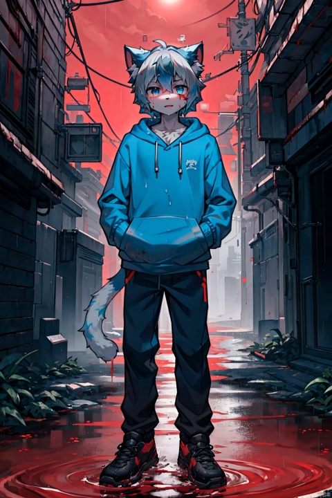 character name,1boy,solo,
Shadow face, blackened face,cyberpunk theme,e style thriller,
(Blue Hoodie:1.2),(whiter hair:1.5),(cat's ear:1.2),expressionless,
(masterpiece:1.1), (best quality:1.2), highres, original, extremely detailed wallpaper, official art, shota,rain,water,blood like river, heibai, red background, furry, killer