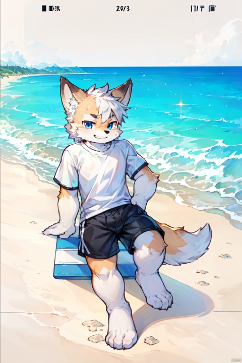 adult solo,kemono fox, short white hair, shorts, shirt, smirk,beach clothes, extreme detail, masterpiece, hi res, high detail, detailed eyes, detailed hands, full body picture, beach backgroundr, solo, sparkle, shota, CUXIAN