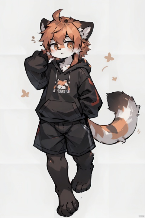  only one boy,from head to foot,orange hair,Long hair and waist length,rein,The lower limbs are lesser panda feet,There is a lesser panda tail behind body,wearing Hoodies,, shota