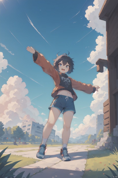  (\po lang\), solo, sky, cloud, blue sky, 1girl, day, short hair, outdoors, shoes, shorts, colorful, wide shot, scenery, long sleeves, outstretched arms, open mouth, arm up