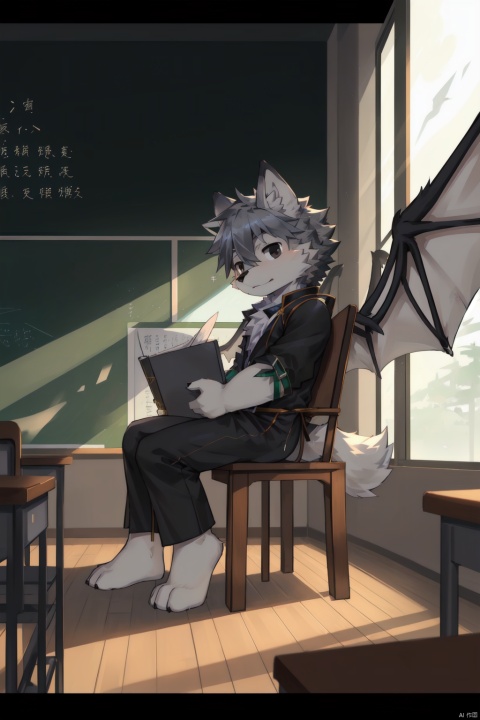  Furry,Cute wolf,young ,child,shota ,gray and black fur,black eyes,sit on the chair,alone,in the classroom., (\shen ming shao nv\),wings, furry