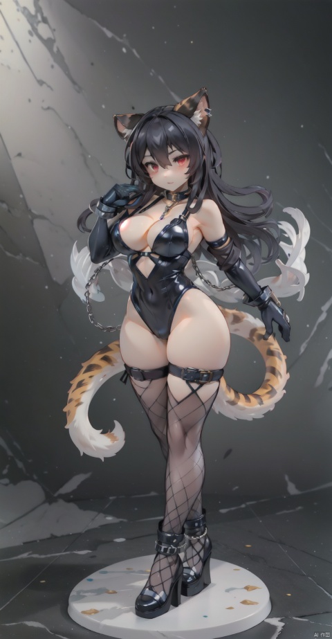  (best quality:1.5),(masterpiece:1.5),intricate detail,great textures,ultra high res,photorealistic,realistic,killer,PVC figure,1girl,animal ears,thighhighs,solo,breasts,tail,gloves,large breasts,long hair,elbow gloves,chain,full body,fishnets,leotard,fishnet thighhighs,looking at viewer,black hair,black gloves,collar,red eyes,standing,cleavage,highheels,,pvc figure, furry, shota
