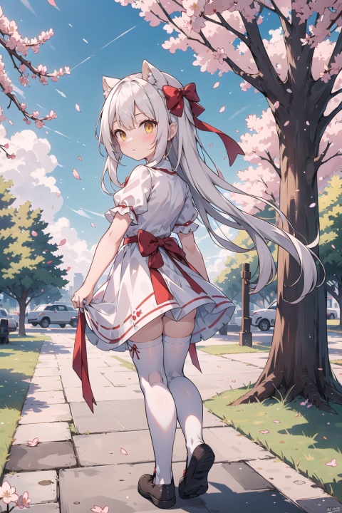  masterpiece,best quality,high quality,loli,1girl, solo, long hair, looking at viewer, blush, bangs, thighhighs, dress, ribbon, brown eyes, very long hair, closed mouth, standing, full body, yellow eyes, white hair, short sleeves, outdoors, sky,no shoes, day, puffy sleeves, looking back, cloud, from behind, white dress, white thighhighs, red ribbon, tree, blue sky, puffy short sleeves, petals, cherry blossoms, skirt hold,

