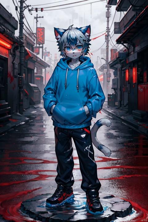 character name,1boy,solo,
Shadow face, blackened face,cyberpunk theme,e style thriller,
(Blue Hoodie:1.2),(whiter hair:1.5),(cat's ear:1.2),expressionless,
(masterpiece:1.1), (best quality:1.2), highres, original, extremely detailed wallpaper, official art, shota,rain,water,blood like river, heibai, red background, furry, killer,pvc figure
