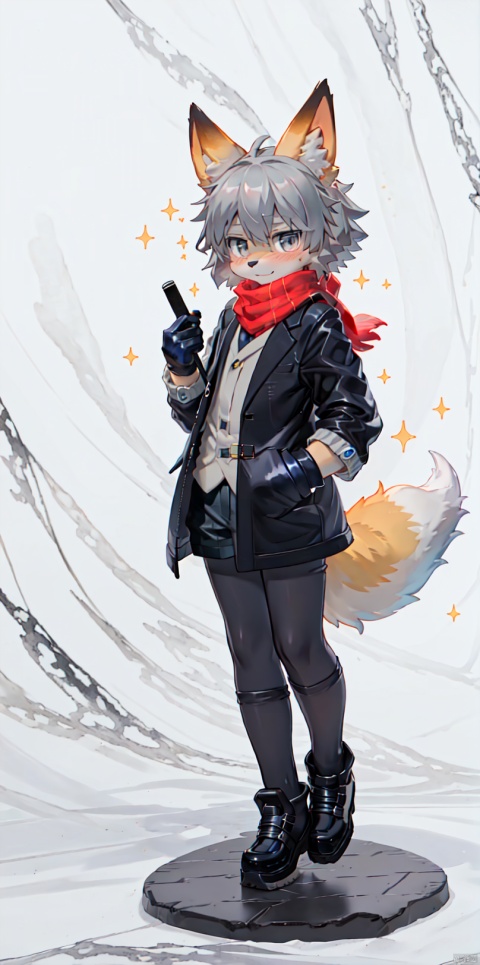  1girl, solo, looking at viewer, blush, short hair, simple background, gloves, white background, animal ears, jacket, tail, full body, grey hair, black gloves, scarf, coat, grey eyes, fox ears, sparkle, fox tail, white footwear, shota, furry, killer