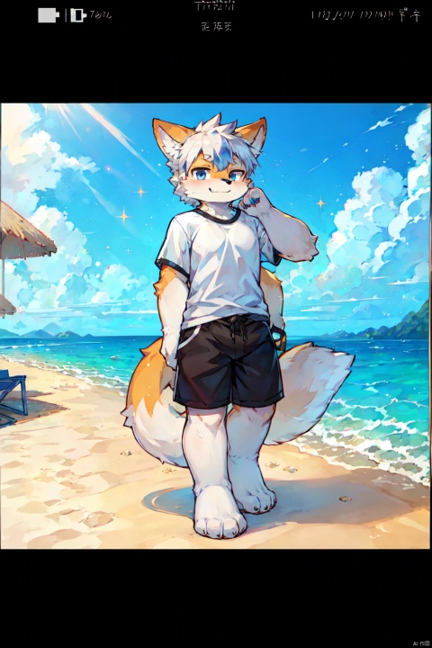adult solo,kemono fox, short white hair, shorts, shirt, smirk,beach clothes, extreme detail, masterpiece, hi res, high detail, detailed eyes, detailed hands, full body picture, beach backgroundr, solo, sparkle, shota, CUXIAN