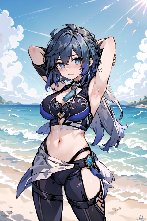  1girl, solo,armpits, arms up, looking at viewer, thigh strap, navel, see-through, big breasts, cowboy shot, hair between eyes,blue hair, arms behind head, bare shoulders, grey eyes, bangs, blush, ahoge, closed mouth, very long hair, bare arms, stomach, signature, shenhe (genshin impact),sea,beach, yelan (genshin impact), shota