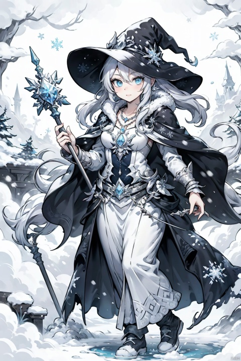  Jani is a witch who lives in a snowy region of Elden Ring. She has long silver hair and blue eyes that glow with magic. She wears a white dress with fur trim and a hooded cloak that covers her shoulders. She also wears a silver necklace with a pendant shaped like a snowflake. She carries a staff that can summon wolves and cast ice spells., greendesign, Ink painting