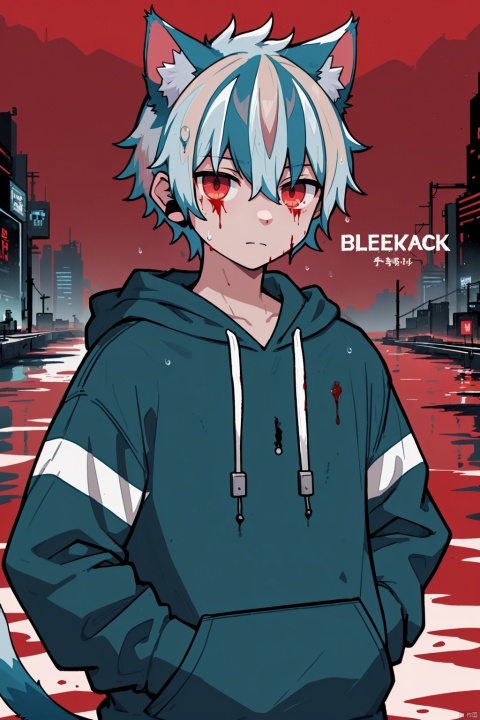 character name,1boy,solo,
Shadow face, blackened face,cyberpunk theme,e style thriller,
(Blue Hoodie:1.2),(whiter hair:1.5),(cat's ear:1.2),expressionless,
(masterpiece:1.1), (best quality:1.2), highres, original, extremely detailed wallpaper, official art, shota,rain,water,blood like river, heibai, red background