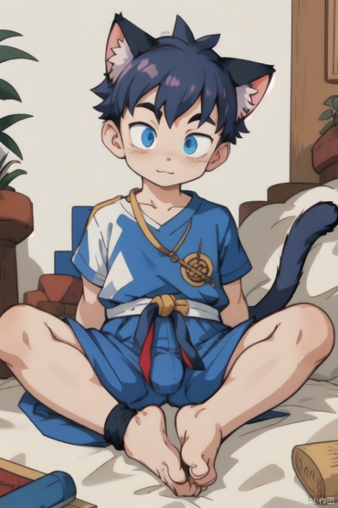  Young boy, lively boy, cat eared, barefoot, sitting,luoxiaohei,panties around ankles
