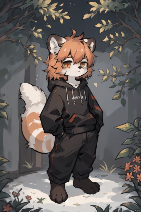  only one boy,from head to foot,orange hair,Long hair and waist length,rein,The lower limbs are lesser panda feet,There is a lesser panda tail behind body,wearing Hoodies,, shota