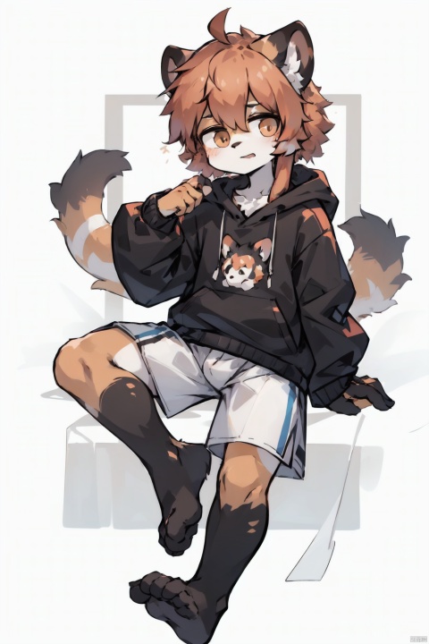  only one boy,from head to foot,orange hair,Long hair and waist length,rein,The lower limbs are lesser panda feet,There is a lesser panda tail behind body,wearing Hoodies,, shota