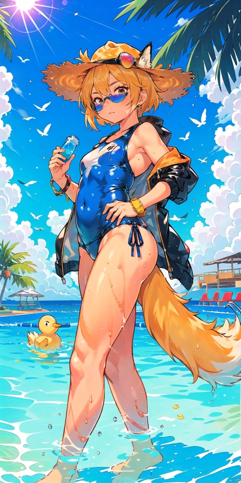  1girl, animal, animal_ears, beach, bird, black_swimsuit, blonde_hair, blue_sky, bracelet, bug, butterfly, cloud, competition_swimsuit, copyright_name, crab, day, fox_tail, hat, horizon, jewelry, lens_flare, ocean, one-piece_swimsuit, outdoors, palm_tree, pool, rubber_duck, seagull, short_hair, sky, solo, starfish, sun_hat, sunglasses, swimsuit, tail, tree, wading, watch, water, azur lane, Tight latex clothing, furry,coat, tifa lockhart,stomach,stocking