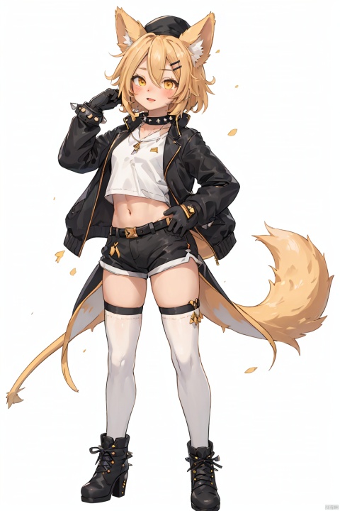  thinbaby,spikes, blonde hair, thighhighs, white background, shorts, 1girl, simple background, spiked collar, tail, short hair, black shorts, spiked bracelet, belt, collar, hair ornament, standing, gloves, looking at viewer, jacket, striped thighhighs, hair over one eye, hairclip, yellow eyes, black footwear, high heels, black gloves, black jacket, animal ears, long sleeves, open clothes, boots, black thighhighs, short shorts, yellow theme, closed mouth, kagamine rin, striped, black headwear, fake animal ears, coat, navel, 1boy, vertical-striped thighhighs, black coat, thin body, full body, solo,
