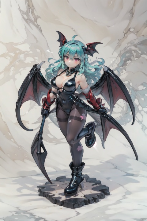  (best quality:1.5),(masterpiece:1.5),intricate detail,great textures,(ultra high res),excellent face detail,photorealistic,realistic,killer,PVC figure,1girl,morrigan aensland,print pantyhose,solo,wings,bat print,head wings,pantyhose,animal print,long hair,breasts,boots,demon girl,leotard,bat wings,large breasts,cleavage,bare shoulders,green hair,bridal gauntlets,fingernails,faux figurine,high heels,long fingernails,full body,gloves,aquahair,,pvc figure, furry, shota