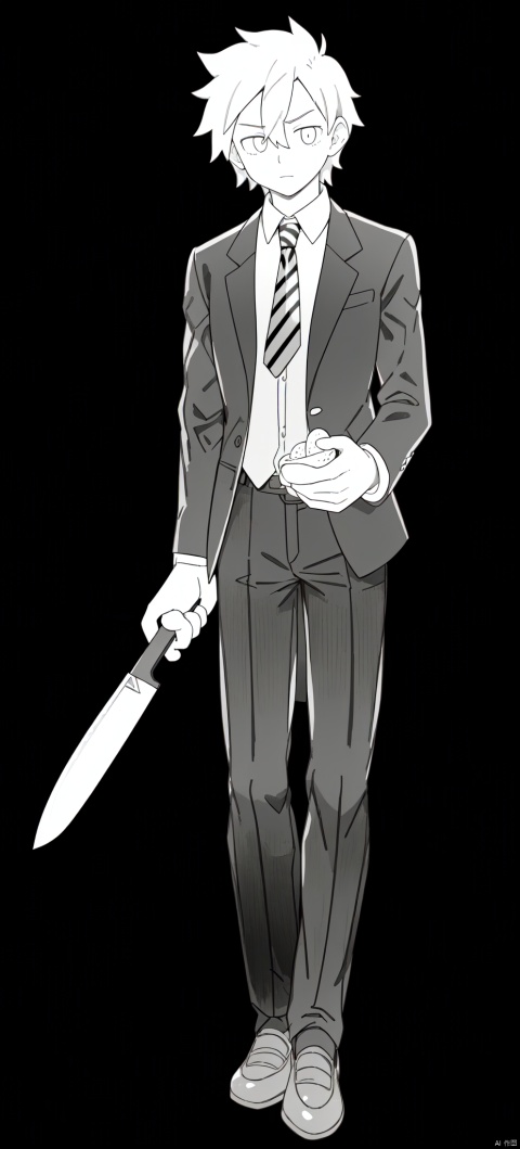  mty,black background, formal, greyscale, letterboxed, male focus, monochrome, necktie, shirt, solo, striped, suit, transparent background, black background, food, transparent background,knife